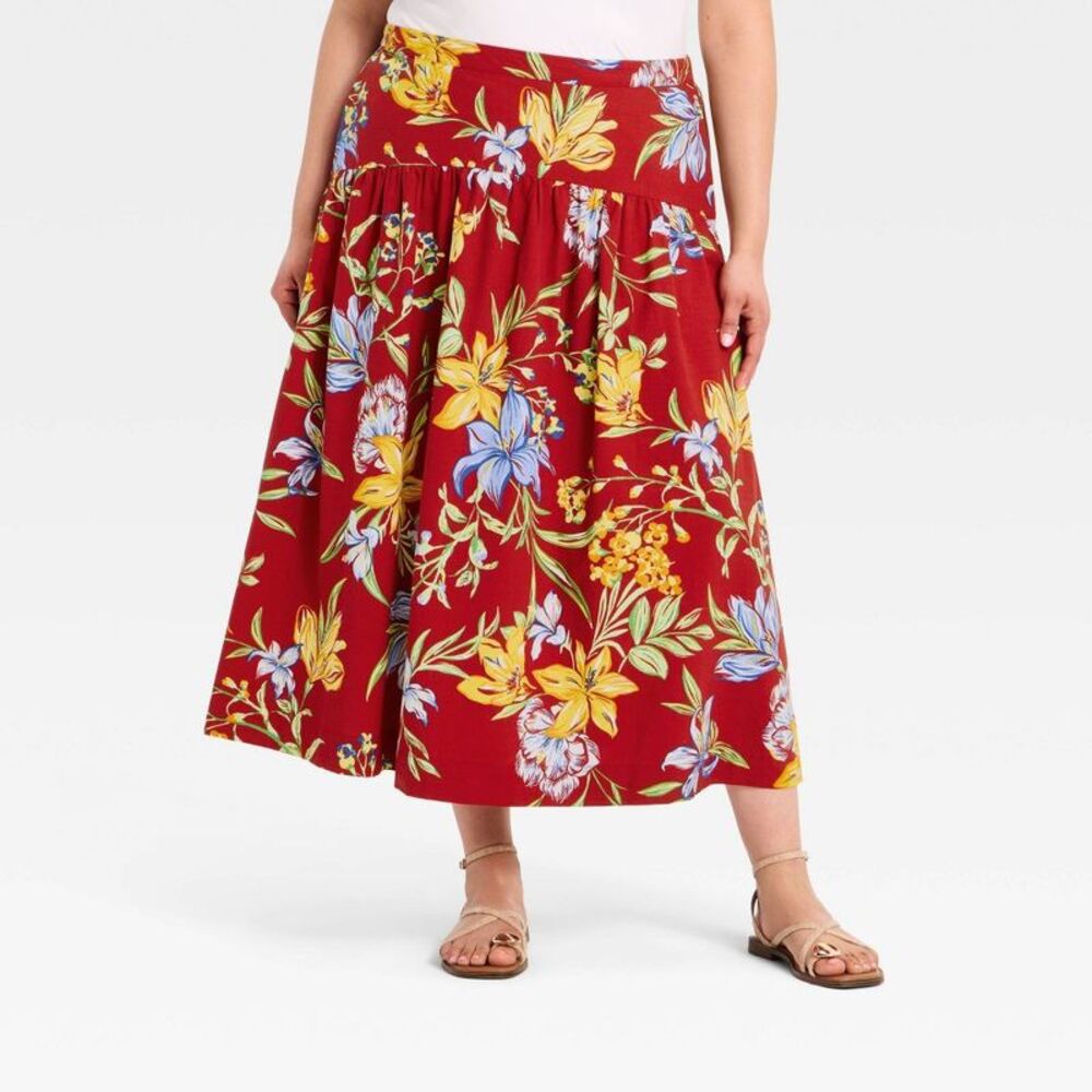 a new day Floral Midi Skirt - Red with Yellow & Blue Flowers size 2x EUC